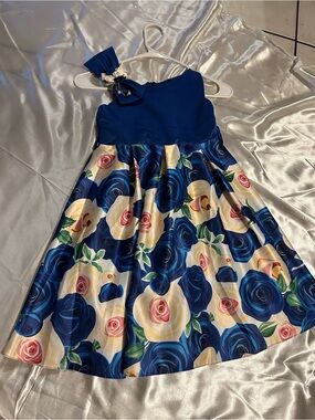 Amazon Blue Floral Satin Party Dress for Girls